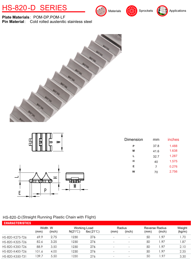 Цепь пластинчатая пластиковая серии HS-820-D
